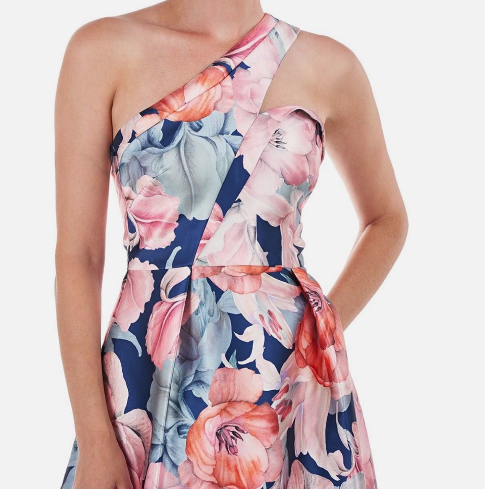 Kay Unger Marine Blue Senna Floral Mikado One-Shoulder Gown NWT